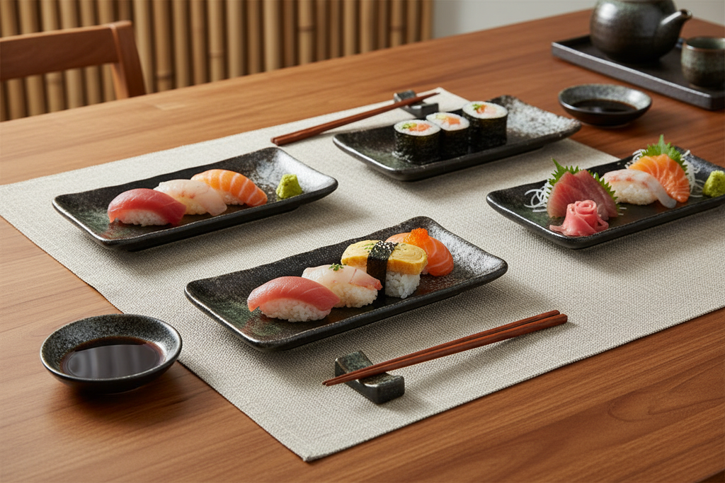 Plates with sushi